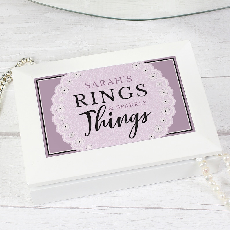 A Personalised /'Rings /& Sparkly Things/' Jewellery BoxIn A Lilac Lace Design.