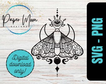 Lunar Moth SVG PNG, Digital File, Geometric Moon, Boho, Instant Download