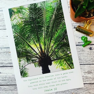 May include: A white print featuring a vibrant green palm tree from a low angle, with the text of Psalm 92. The print is accompanied by a gold and green paper clip and a small potted plant.
