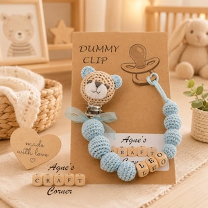 Bear dummy clip - personalised baby gift  - baby shower gift - dummy clip - pacifier clip - Hat - Gloves - Outfit set