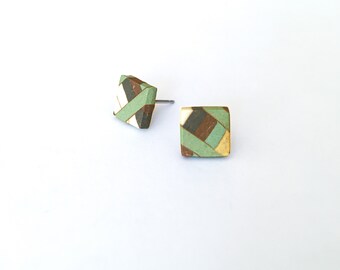 Apartment Square Studs -  Nerikomi Porcelain Earrings - green, brown and yellow