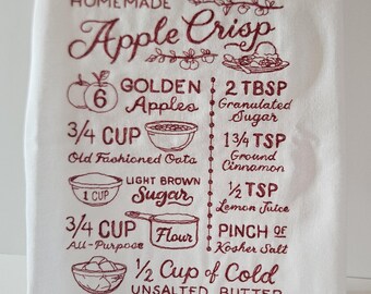 Embroidered Apple Crisp Recipe Tea Towel, Farmhouse Decor