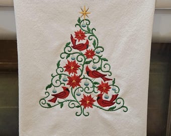 Cardinals Christmas Tree Embroidered Cotton Tea Towel