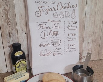 Embroidered Sugar Cookie Recipe Towel, Rustic Cotton Tea Towel