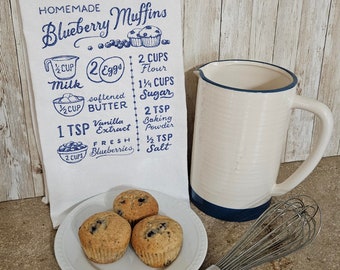 Embroidered Blueberry Muffin Recipe Kitchen Towel, Cotton Tea Towel