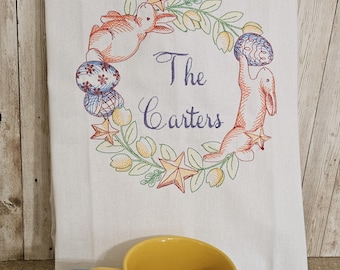 Personalized Easter Tea Towel: Embroidered Bunny Wreath, Cotton Dish Towel