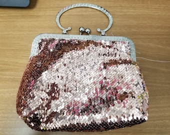 Handmade Pink Sequin Evening Handbag Vintage Style Kiss Lock Purse