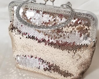 Handmade Gold Sequin Evening Handbag, Vintage Style Kiss Lock Purse