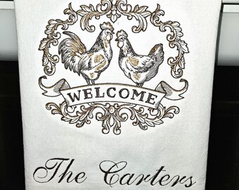 Personalized Embroidered Tea Towel Chickens Welcome Cotton Dish Towel Farm Inspired Hand Towel
