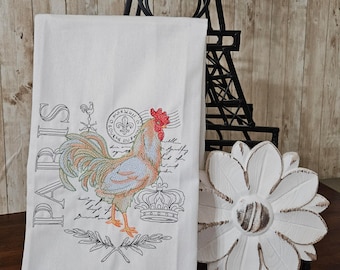 Embroidered Rooster Kitchen Towel, Farmhouse Paris Theme