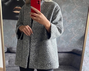 Short cotton coat, Fashion autumn coat, Tweed elegant coat for woman