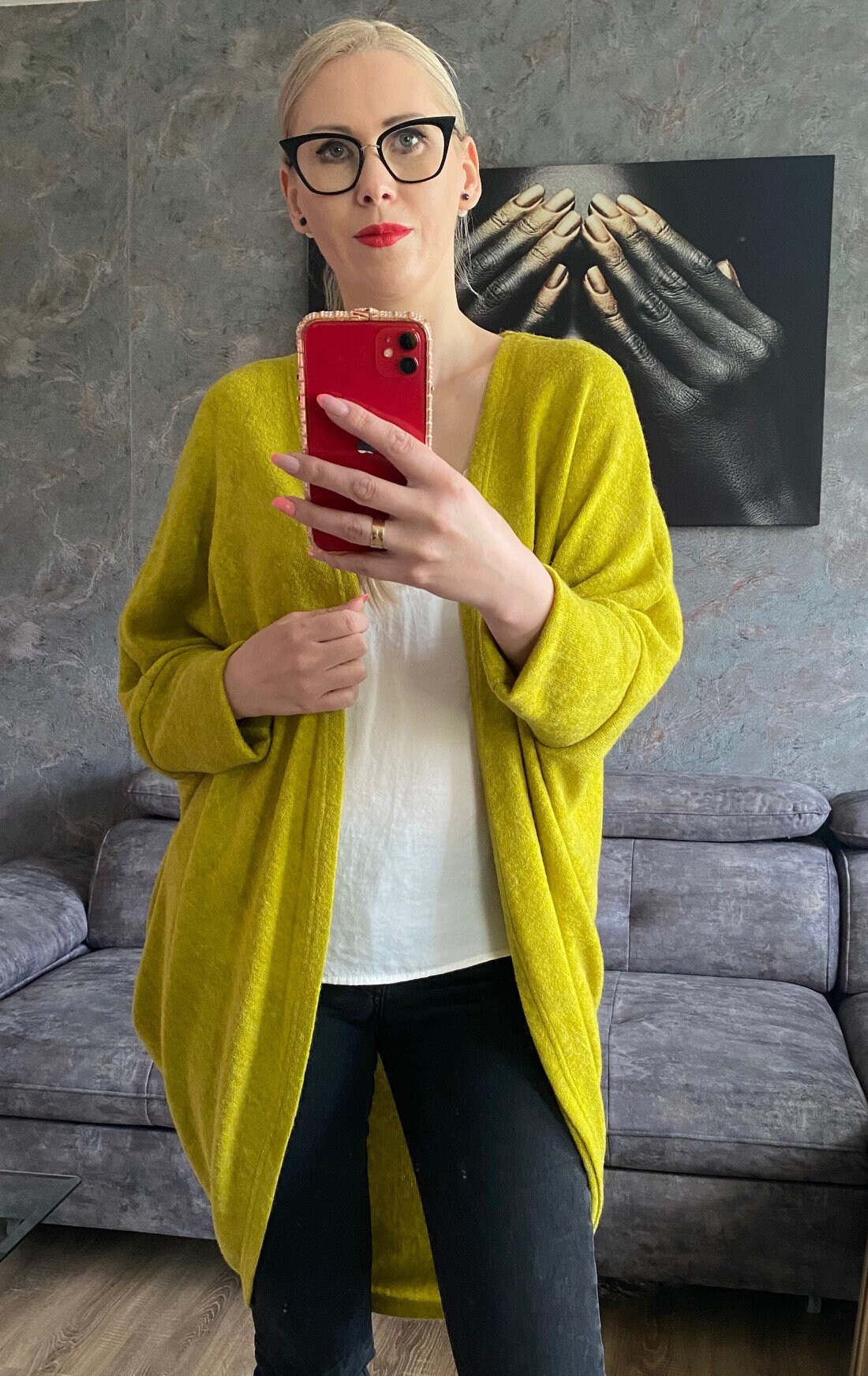 Wolle gelbe Strickjacke mit Angora, Sommer gemütlicher Pullover