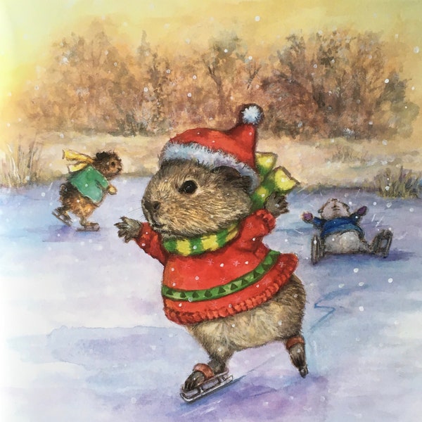 Ice Skating Guinea pig Christmas Card