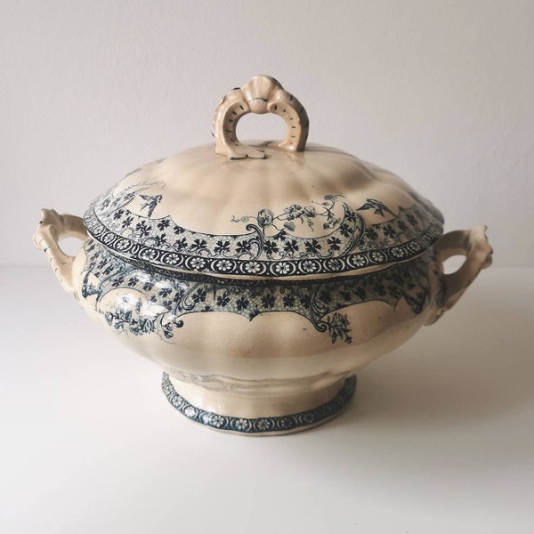 Antique soup tureen, 19th century French ceramic bowl with lid, blue floral pattern, beautiful antique kitchen and diningware gift for home