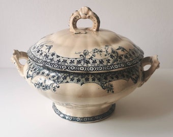 Antique soup tureen, 19th century French ceramic bowl with lid, blue floral pattern, beautiful antique kitchen and diningware gift for home