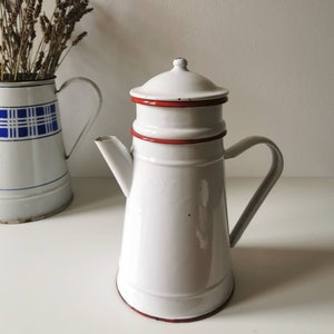 French vintage coffee pot, red and white reteo enamel kitchenware, beautiful French rustic, farmhouse decor for home image 1