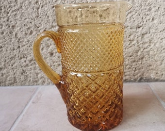 Retro yellow jug, vintage glass cut yellow pitcher, eclectic homeware and decor, retro drinksware, colourful vintage kitchenalia,