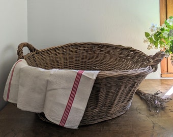 HUGE French wicker basket, round antique handcrafted basket, old French laundry basket, log basket, rustic shop display