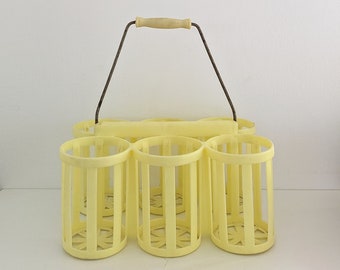 French vintage bottle carrier, plastic retro bottle carrier in pale yellow, original vintage mid century fun kitchen and storage gift