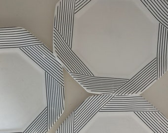 Lot of 6 Arcopal hexagonal geometrical plates, French vintage plates circa 1980s, black and white vintage plates, retro kitchen gift