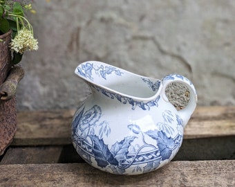 A French vintage ceramic jug, with blue flower pattern, French farmhouse style decor, cottage style kitchenware, French vintage home decor