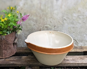 Large French Vintage Confit Bowl: Beige Glazed Farmhouse Decor