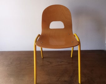 Yellow retro kids chair, vintage children furniture, small wood and metal chair, retro home gift for child, vintage decor