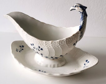 French vintage gravy boat by St Amand, model Barbeau, blue and white ceramic gravy dish with dragon head handle, rare find