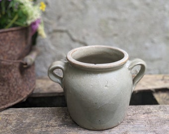 RARE vaso confit di piccole dimensioni, grigio chiaro con manici, arredamento per la casa francese, arredamento interno in tonalità neutre, vaso/vaso per piante vintage francese