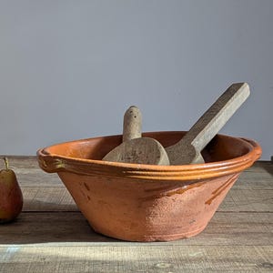 Large terracotta bowl, vintage French pottery glazed tian for kitchen serving and display