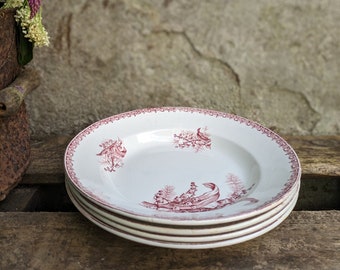 French vintage pink soup.bowls, St Amand, Muguette (Lilly of the Valley) transferware ironstone French country dining ware