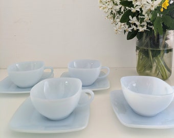 Art deco coffee cups and saucers, pale blue milk glass, French vintage drinksware circa 1930s, made in France, retro kitchen home gift