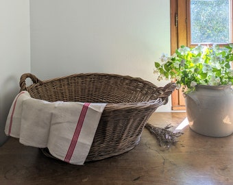 Huge French wicker basket, round antique handcrafted basket, old French laundry basket, log basket, rustic shop display