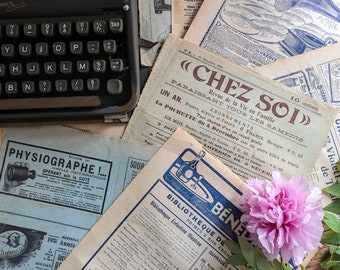 French antique ephemera pack, 1900s original newspaper advertising, original music, junk journalling and scrapbooking kit