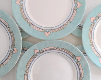Lot of 8 dessert plates, French retro plates art deco inspired, mint green geometric plates 1980s Arcopal Esso, kitchen gift
