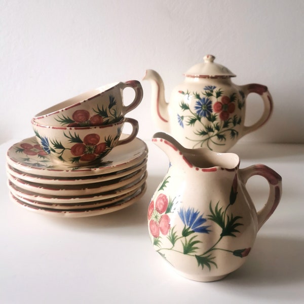 French vintage tea service, country cottage style teapot and cups, French handpainted floral milk jug, pretty vintage kitchen gift