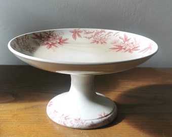 French vintage pedestal bowl, pink floral Ironstone ceramic bowl, traditional French country home decor,