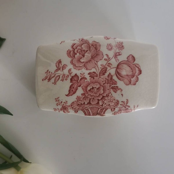 Englische Vintage Krone Devon Box mit Deckel, Staffordshire Keramik, rosa und weiß Blumenmuster, englische Vintage Homeware