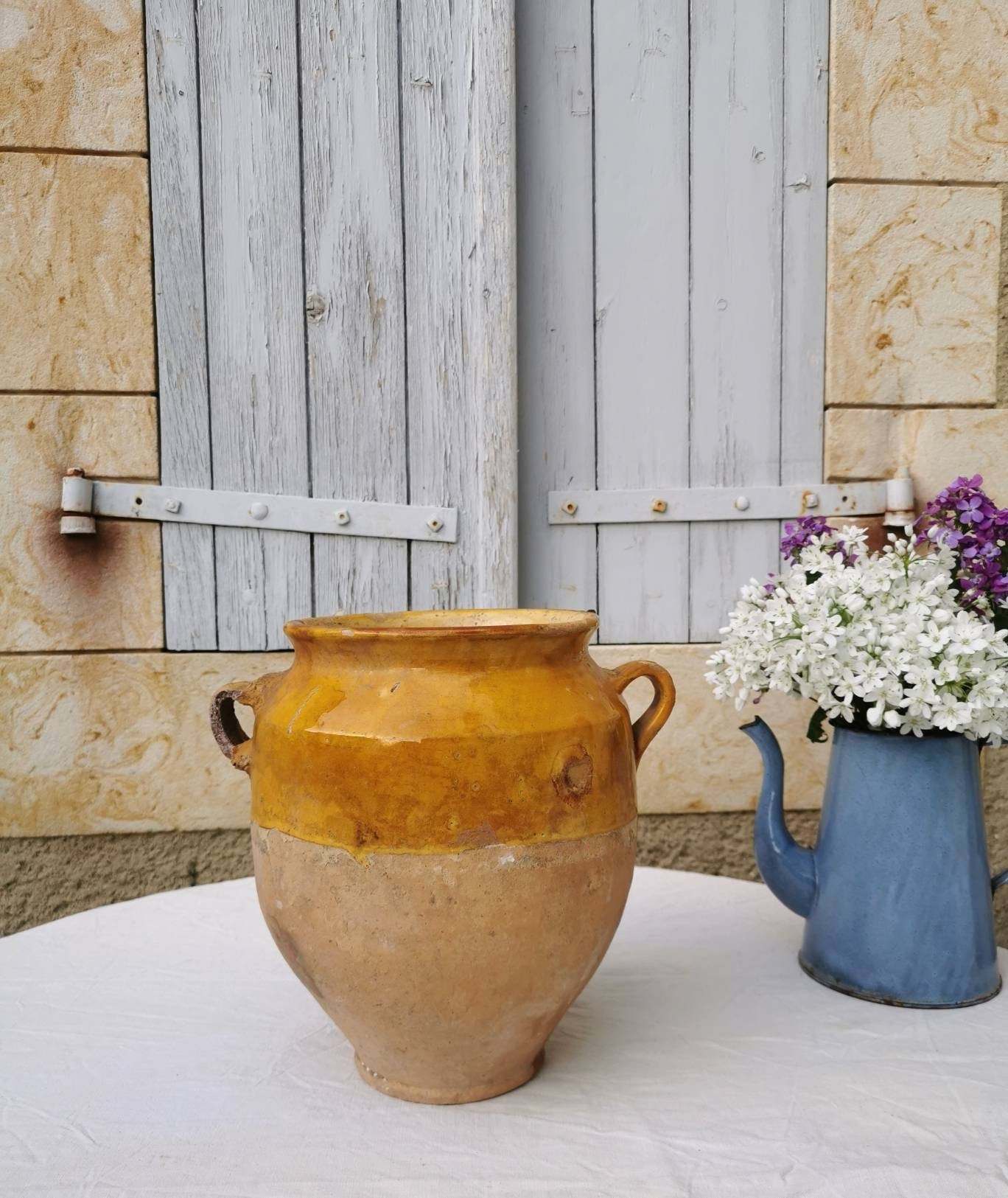 Pot à Confit Français Antique, Pot en Terre Cuite Émaillée Jaune, Décoration de Style Chalet Campagn