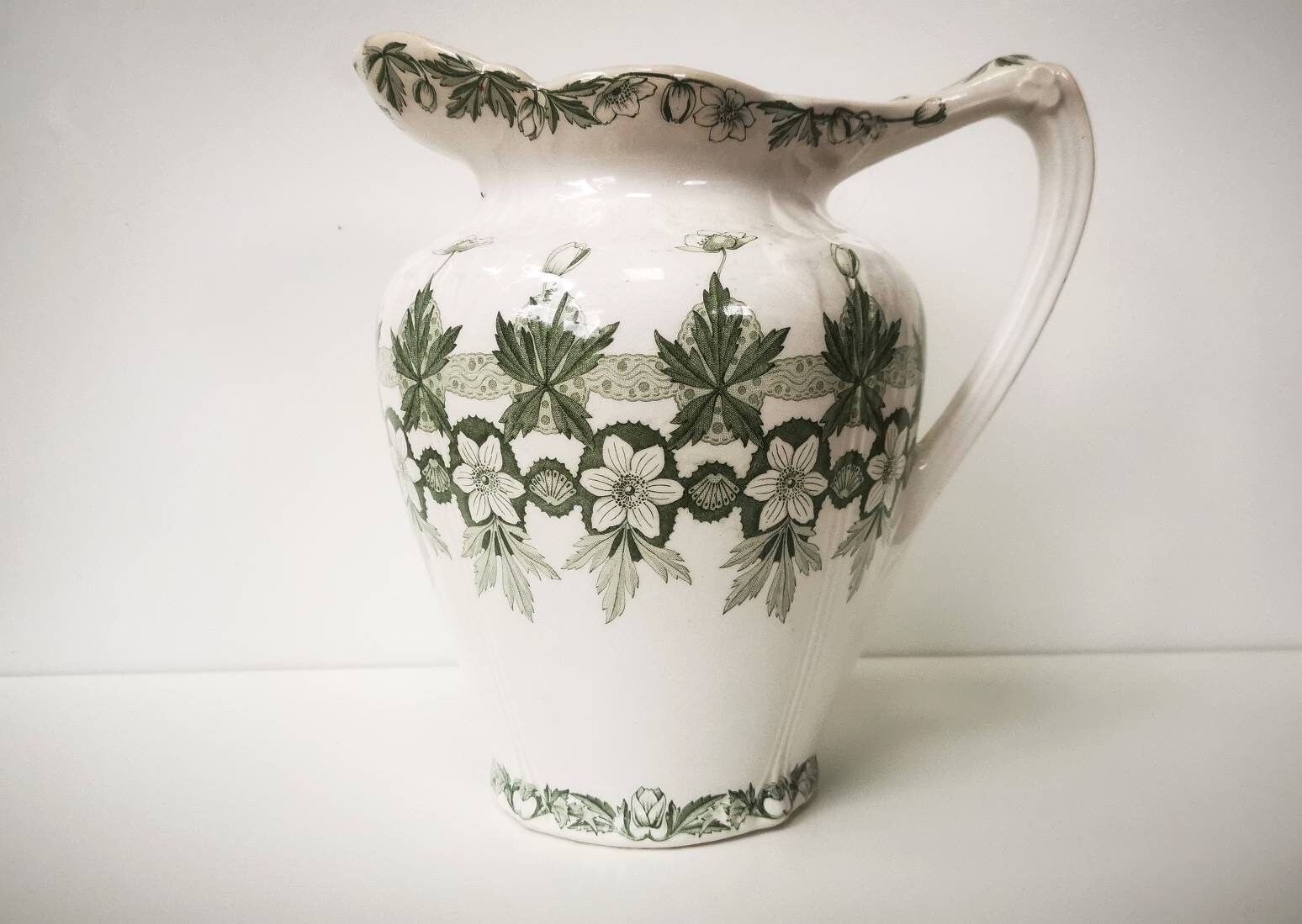 Grande Cruche Antique, Français Pichet en Céramique Ironstone avec Motif de Transferware Vert Par Cr