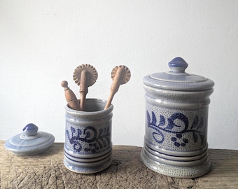 pots vintage en grès d'Alsace, pots de poterie française bleus faits main