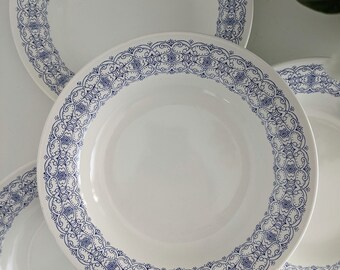 4 vintage soup bowls, blue and white pretty retro bowls stamped, vintage kitchen dining and serving, retro gift for home