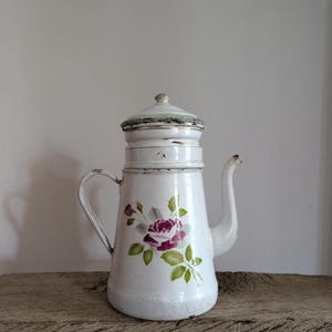French Antique Coffee Pot,White Floral Enamel Kitchenware