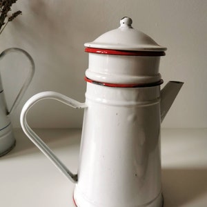 French vintage coffee pot, red and white reteo enamel kitchenware, beautiful French rustic, farmhouse decor for home image 6