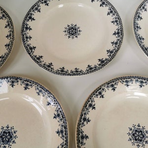 Lot of 8 French plates, antique ironstone plates circa 1880s, HB et C blue and white transferware pattern