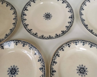 Platos antiguos franceses de piedra de hierro: Transferencia floral azul, juego de 8