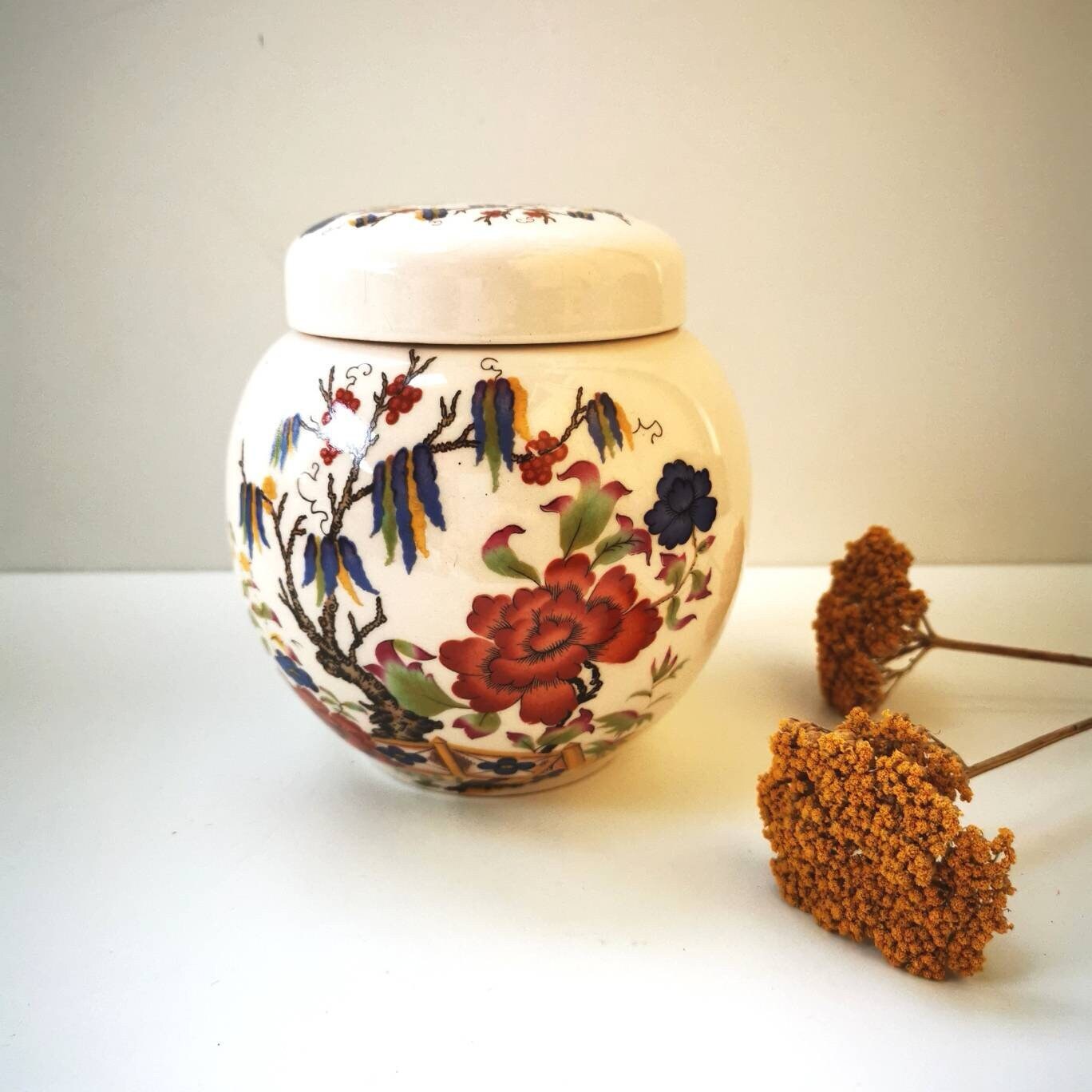 Pot de Gingembre en Céramique Antique, Sadler England, Pot à Couvercle avec Design d'inspiration Jap