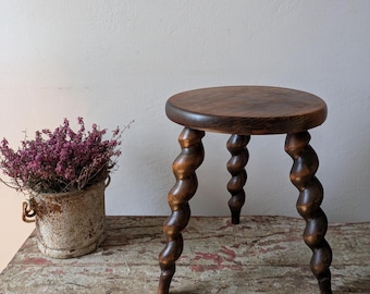 Wooden French Vintage Twist Leg Stool, Rustic Country Cottage Side Table