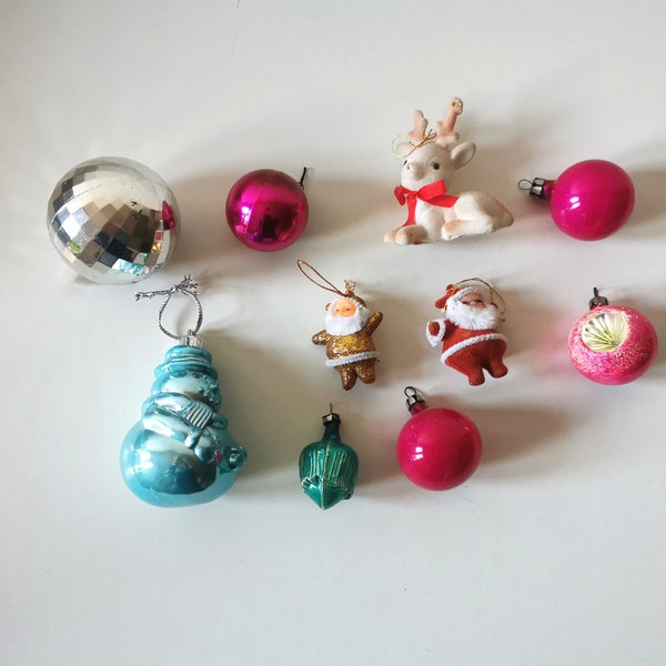 Kitsch Christmas decorations, circa 1980s , retro tree hangers, sparkly vintage Christmas ornaments/baubles