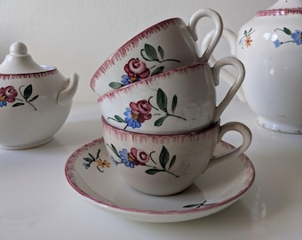 French vintage tea service, digoin Sarreguemines, model Printemps French homeware, vintage teacups and teapot, French gift